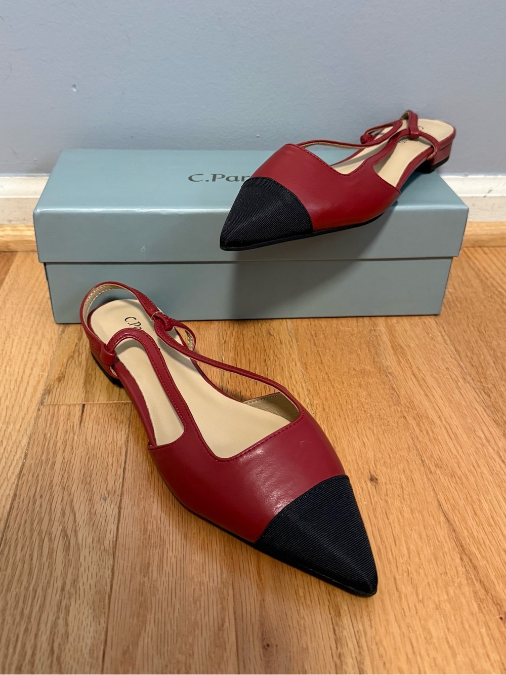 C Paravano Red Black Pointed Toe Slingback Flats NEW 38